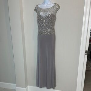 Christina Wu Taupe Embellished Illusion Cap Sleeve Maxi Dress